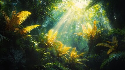 Obraz premium Sunbeams illuminating lush, vibrant jungle foliage.