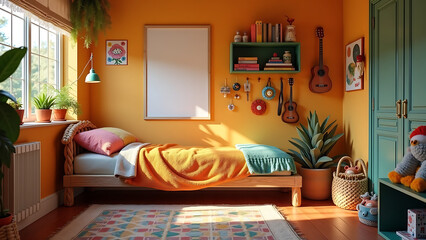 Cozy Yellow Room Interior with Mock-Up Poster Frame, Braided Bed, Green Shelf, Plush Lamp, Monkey, Guitar, Brown Bedding, Rug, Basket, Colorful Toys, and Personal Accessories for Home Decor Inspiratio