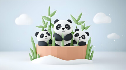 Naklejka premium Three Cute Cartoon Pandas in a Peach Pot with Bamboo