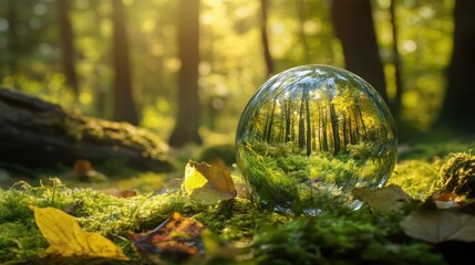 A glass orb reflects the sunlight forest environment among the moss
