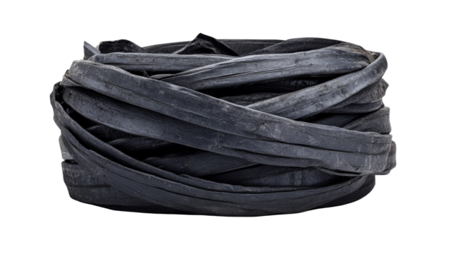 Bundle of rough black strips twisted into circle shape, cut out transparent