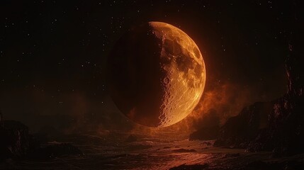 Obraz premium Fiery moon over alien landscape