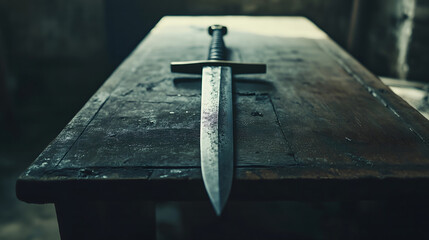 Medieval Dagger Resting on a Wooden Table