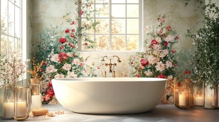 An inviting bathtub surrounded by floral wallpaper and windows