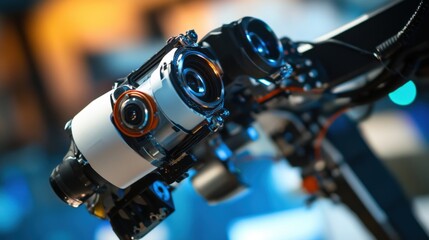 A robotic arm installing micro optics in an advanced camera lens, extreme precision with laser alignment, Scientific style