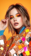 Model showcases vibrant dopamine dressing with colorful eyeliner and sequined jacket Generative AI