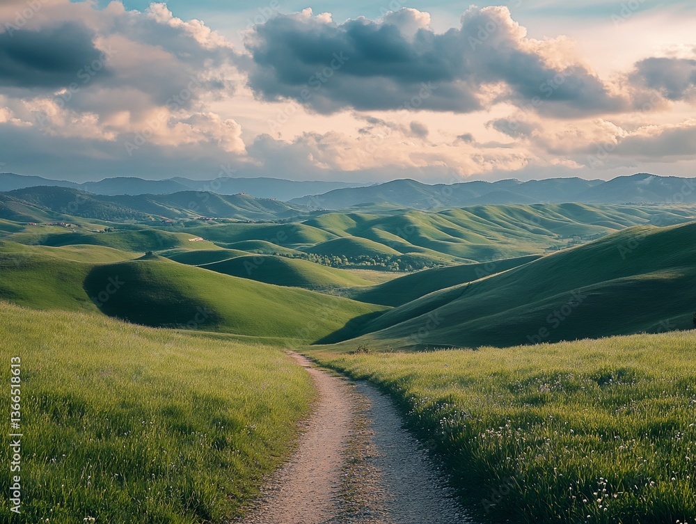 Poster scenic path through rolling green hills under a partly cloudy sky.
