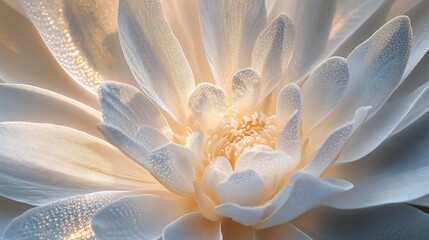 Close-up of a luminous white flower with delicate petals and golden center, illuminated by soft light.