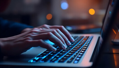 Hands typing on a glowing computer keyboard in the dark
