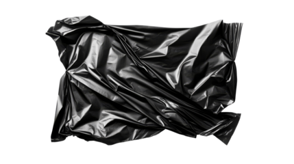 Abstract black plastic wrap with folds, shiny texture, cut out transparent