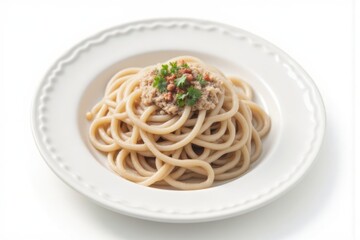 Elegant Bucatini Pasta with Tuna Sauce, White Plate, Fresh Parsley Garnish, Italian Cuisine, Restaurant Meal