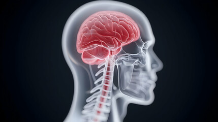 Translucent Human Head with Red Illuminated Brain Anatomy