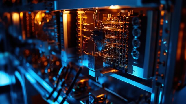 A state of the art quantum computing facility, a secure lab with ultra-cold superconductors, Futuristic style