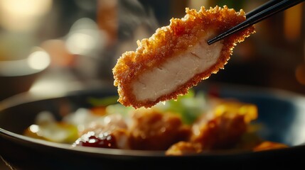 Eating Crispy Fried Chicken Katsu with Chopsticks in Restaurant Setting