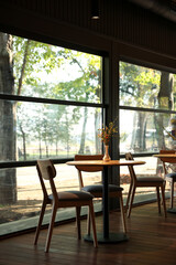 Stylish cafe with large windows. Interior design