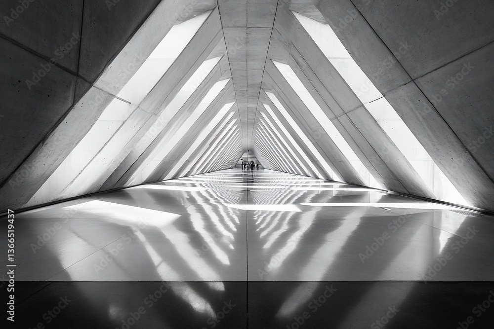 Poster abstract monochrome architecture; long corridor with triangular walls, bright light reflecting on gl