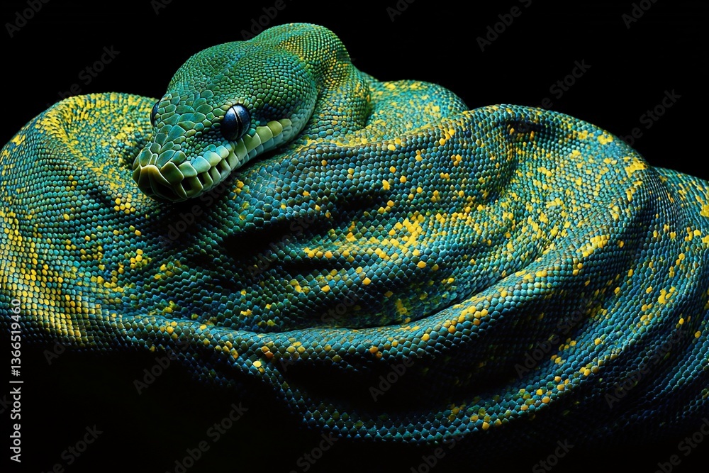 Poster emerald green tree python coiled, isolated on black background.