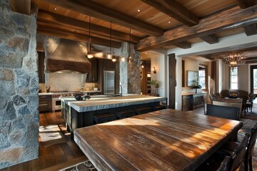 Rustic, open-concept kitchen-dining room