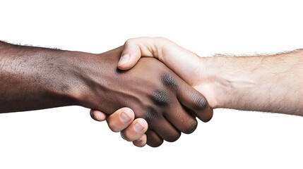 Fototapeta premium Two Diverse Hands Clasping in a Firm Handshake Against a White Background