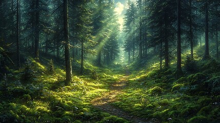 Obraz premium Vibrant sunlight shining through pine tree path high resolution picture