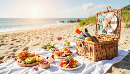 Delightful beach picnic setup with delicious food at seaside, summer joy