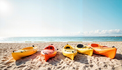 Colorful kayaks on sandy beach under clear sky, adventure awaits