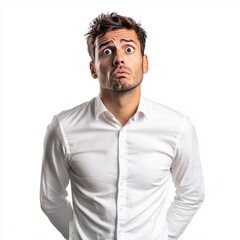 person in white shirt standing with a questioning look

