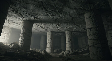 Fototapeta premium Subterranean Stonework: Pillars in a cavern supporting a cracked roof structure