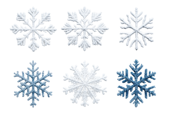 Snowflakes set, various designs, isolated on black background, cut out transparent