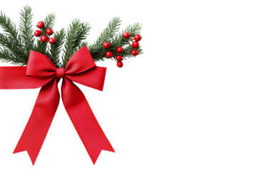 Festive Christmas bow and greenery accent, cut out transparent
