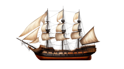 Ship with sails on a black background, cut out transparent