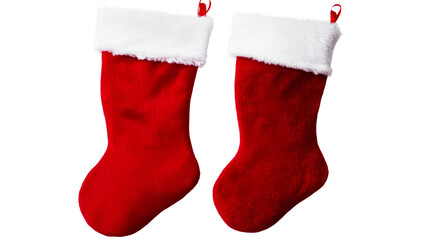 Two red Christmas stockings, decoration for new year holidays, cut out transparent