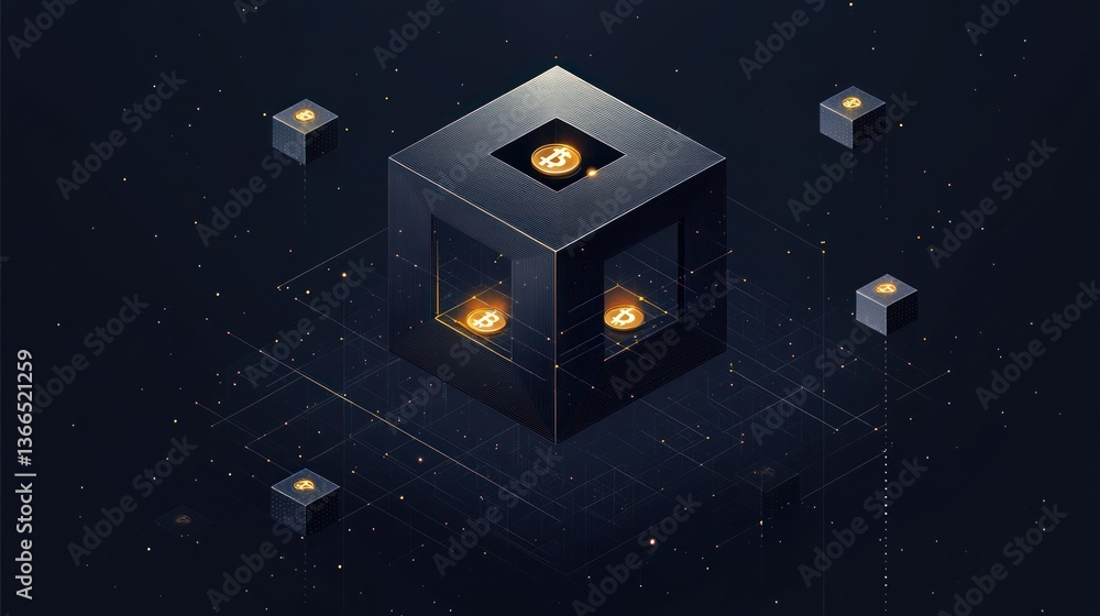 Poster cryptocurrency network visualization with floating cubes and digital tokens
