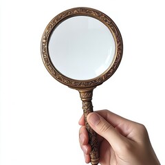 hand holding a magnifying glass on white background

