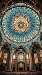 Obraz premium Intricate Dome Ceiling of a Mosque, Architectural Detail, Religious Interior, Prayer Hall