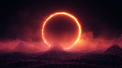 A glowing celestial ring illuminates the mysterious alien landscape at night