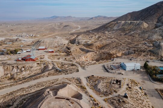 Aerial view of Tonopah Mining Park in Nevada, USA. The park preserves the history of silver mining in the area, showcasing historic buildings and equipment.