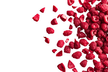 Ripe red raspberries scatter, nutritious food background, cut out transparent