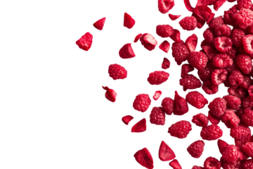 Ripe red raspberries scatter, nutritious food background, cut out transparent