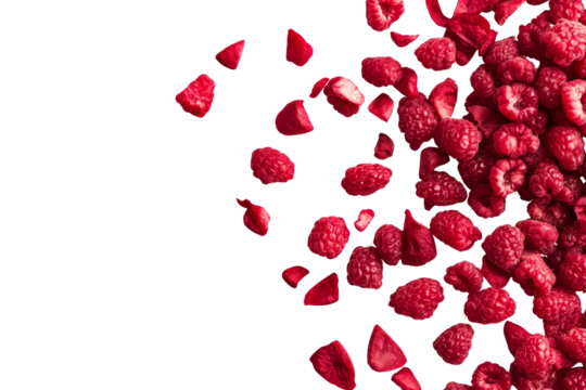 Ripe red raspberries scatter, nutritious food background, cut out transparent