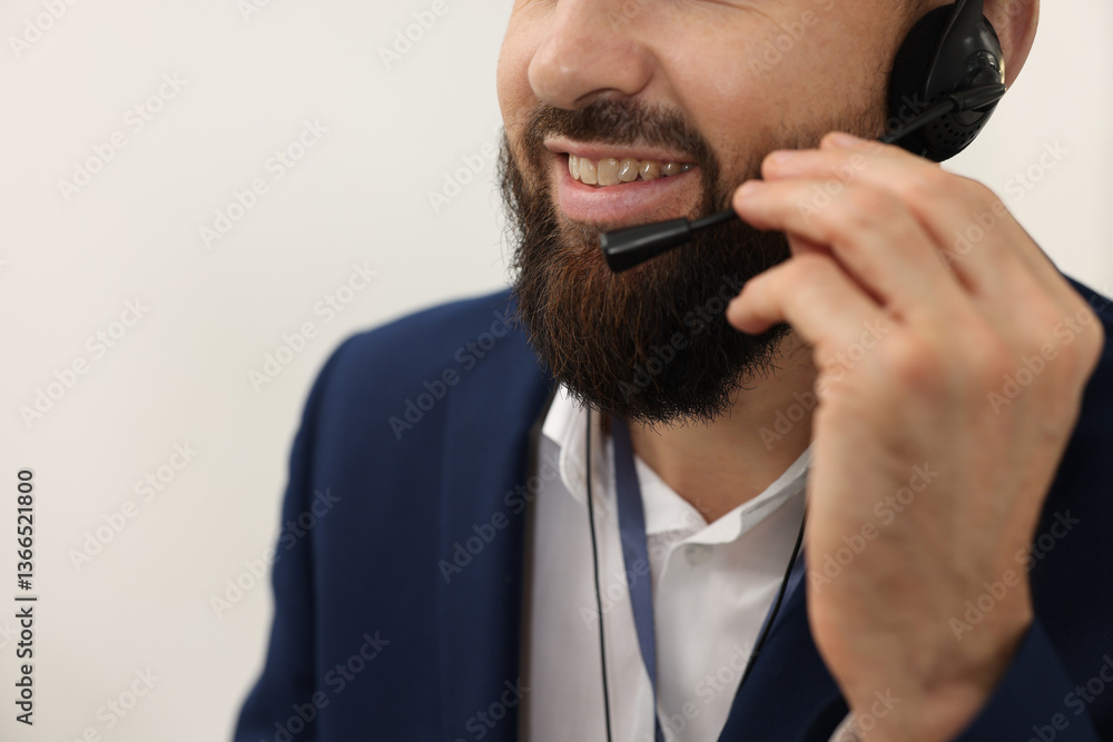 Poster technical support call center. smiling operator working indoors, closeup. space for text