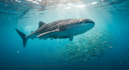 Fototapeta premium Gentle Giant of the Deep: Whale Shark Swimming in the Ocean with Fish