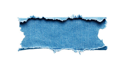 Ripped denim fabric swatch with frayed edges, clothing material, cut out transparent