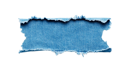 Ripped denim fabric swatch with frayed edges, clothing material, cut out transparent