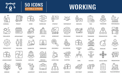 Working line editable icon set. Containing job, career, meeting, organization, employment, teamwork, networking and more. Vector Illustration