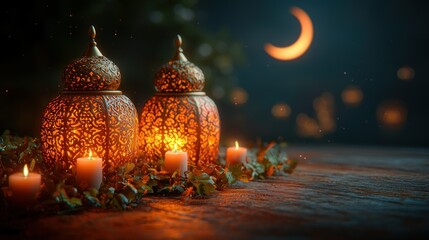 Ornamental lanterns, candles, and greenery