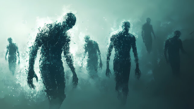 Otherworldly transformation of humans in an epidemic with mutating crystalline features. Whispered Evolution. Illustration