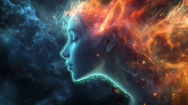 Whispers of consciousness illuminated by vibrant particles in a digital realm of creativity and imagination. Whispered Evolution. Illustration