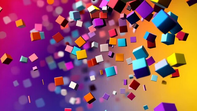 Colorful cube particles float through vibrant background in captivating visual display