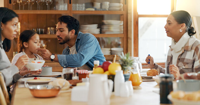 Helping, kid or family in home for lunch for healthy meal, bowl or serving with love or care. Brunch, reunion, parents or people in house for dinner, nutrition or feast with diet, girl or support